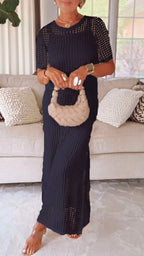 Elegant Boat Neck Hollow Airy Two-piece Dress - Breathable Polyester Outfit