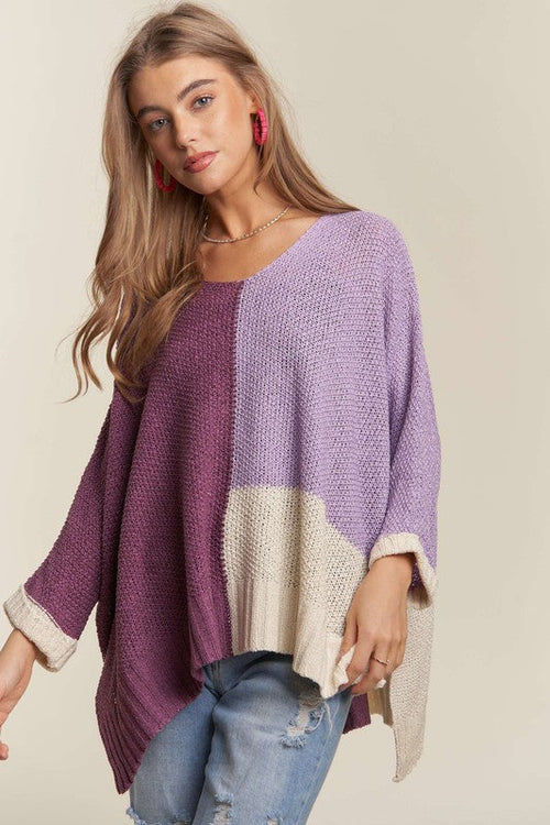 Adora Side Slit Color Block Long Sleeve Sweater