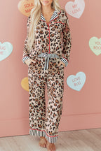 Dearlove Women's Khaki Leopard Print Colorblock Pajama Set - Long Sleeve Shirt & Pants for Cozy Lounging