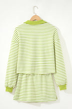 Green Stripe Collared V Neck Drop Shoulder Pullover and Skort 2pcs Outfit