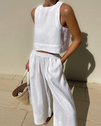 Women's Chic Solid Color Sleeveless Cotton 2-Piece Leisure Set