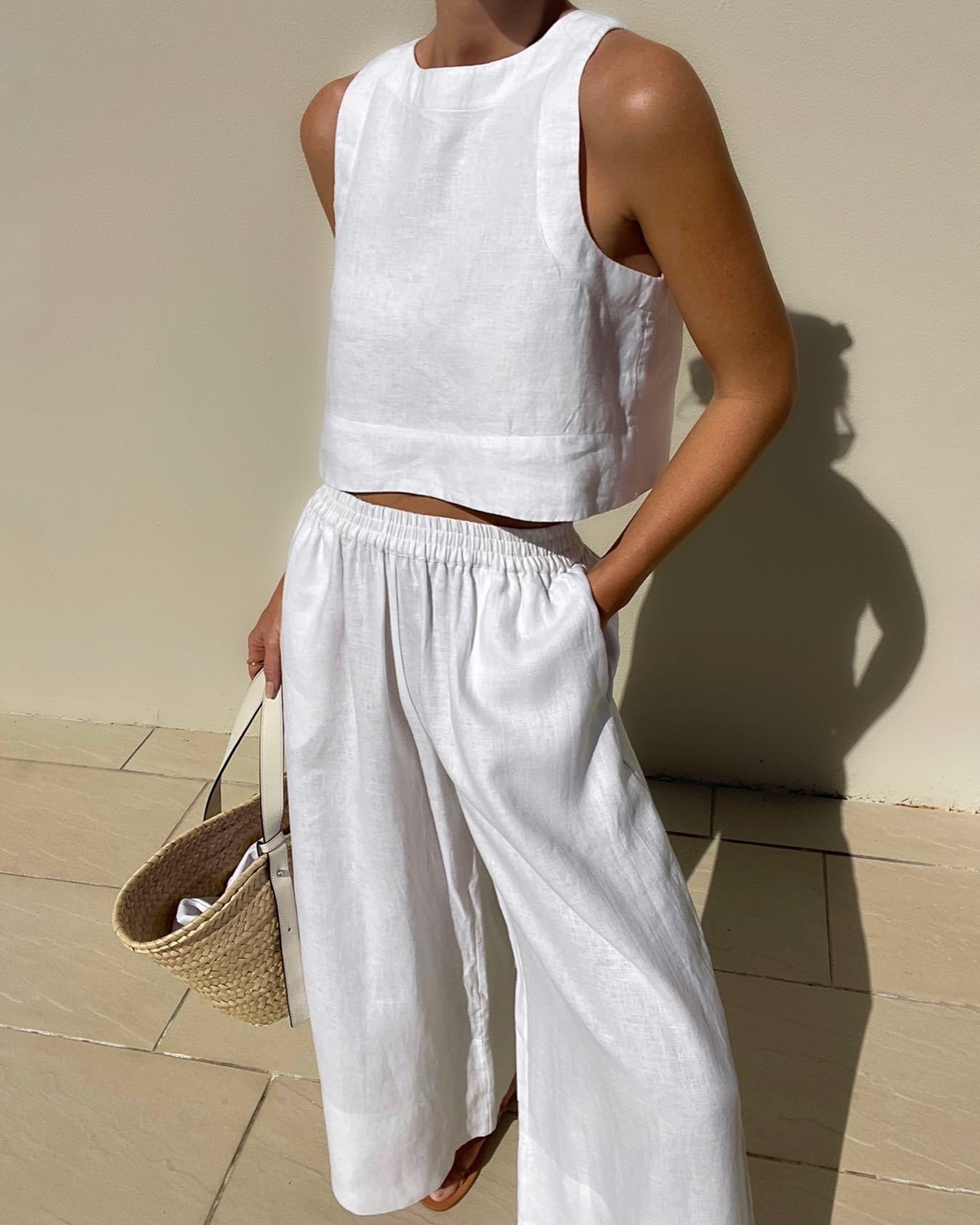 Women's Chic Solid Color Sleeveless Cotton 2-Piece Leisure Set