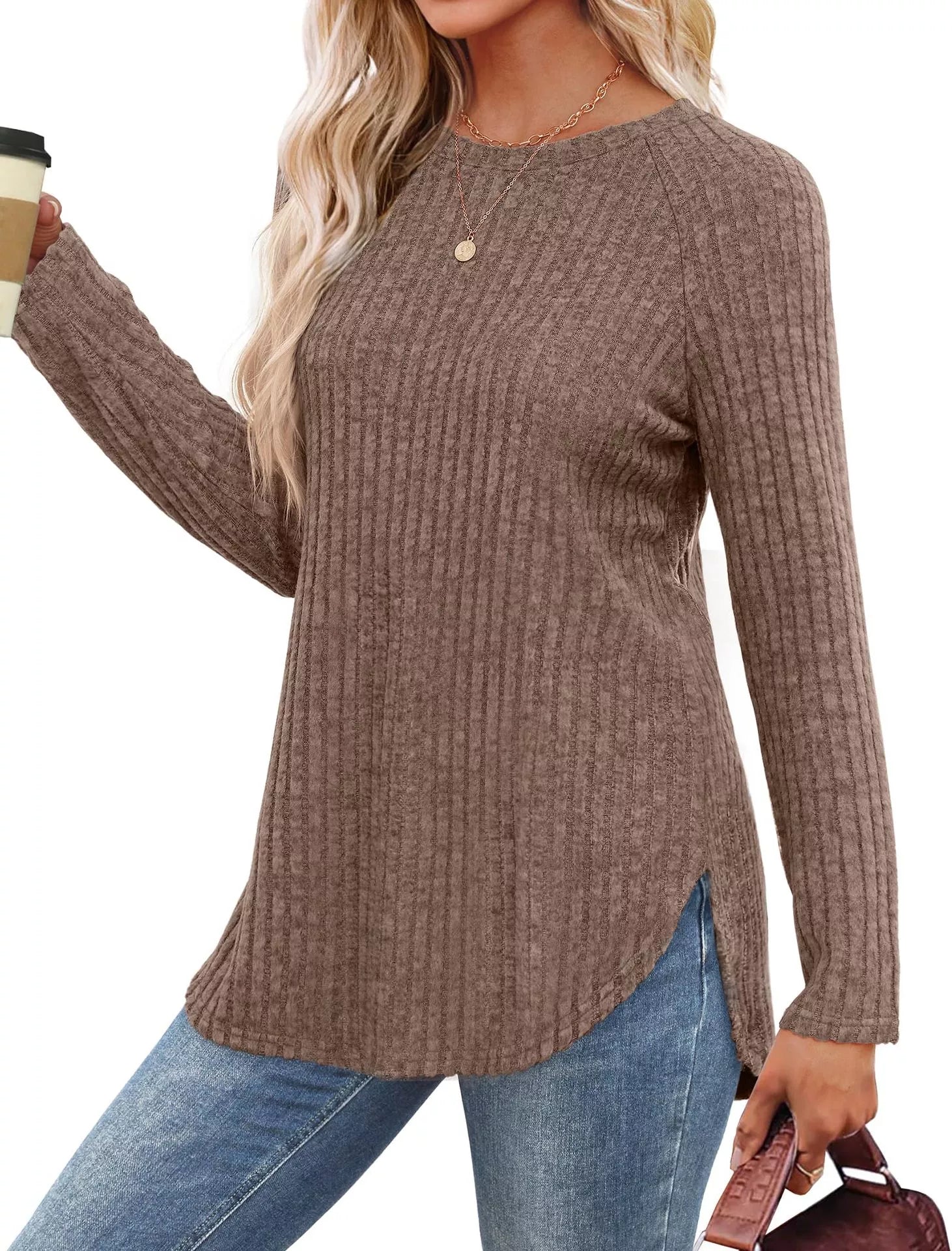 Casual Ribbed Knit Long Sleeve T-Shirt
