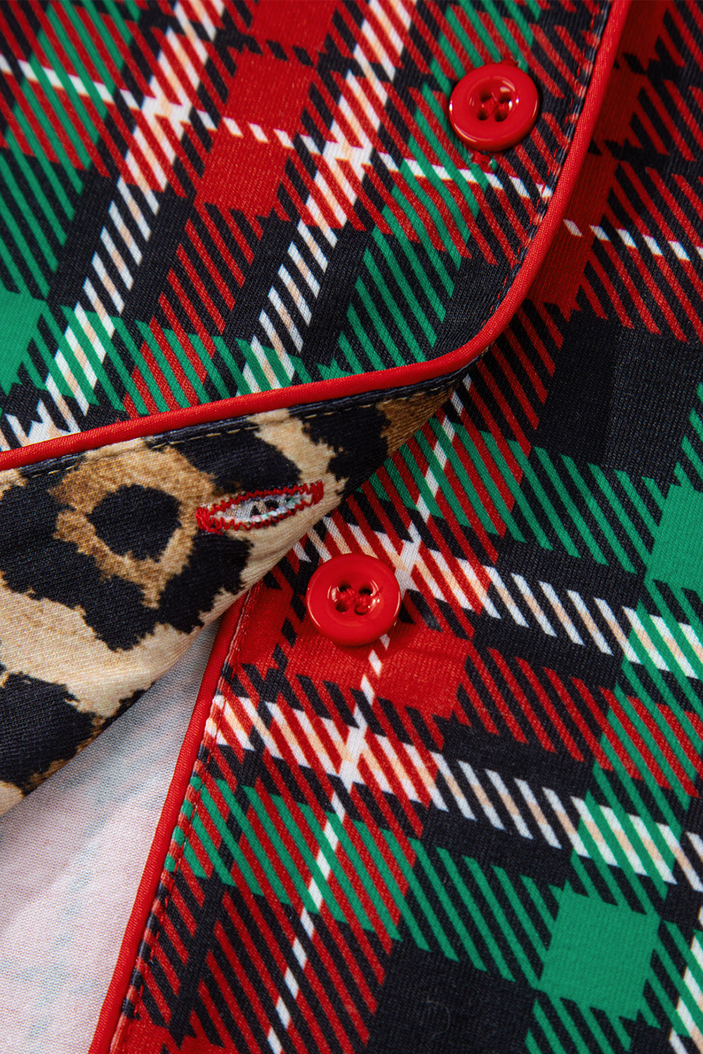 Racing Red Retro Plaid & Leopard Print Patchwork Long Sleeve Pajama Set with Shorts