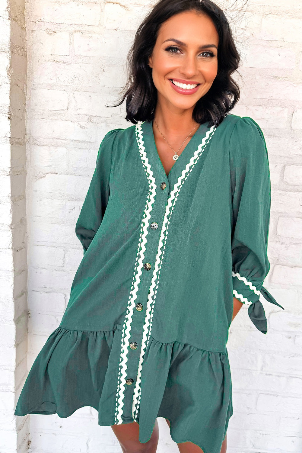 Canton Contrast Ricrac Trim Button V Neck Knotted Bracelet Sleeve Shift Dress