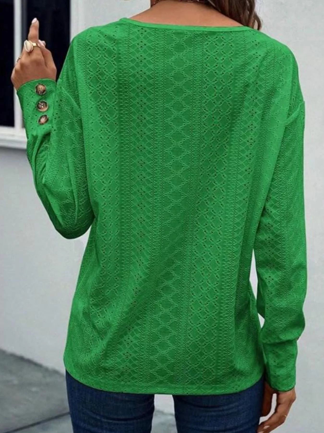 Eyelet V-Neck Long Sleeve T-Shirt