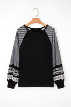 Black Contrast Print Striped Raglan Long Sleeve Loose Top