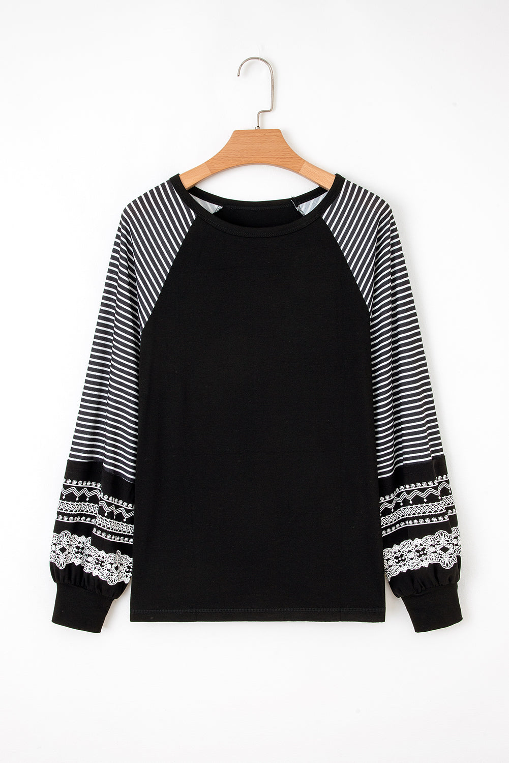 Black Contrast Print Striped Raglan Long Sleeve Loose Top