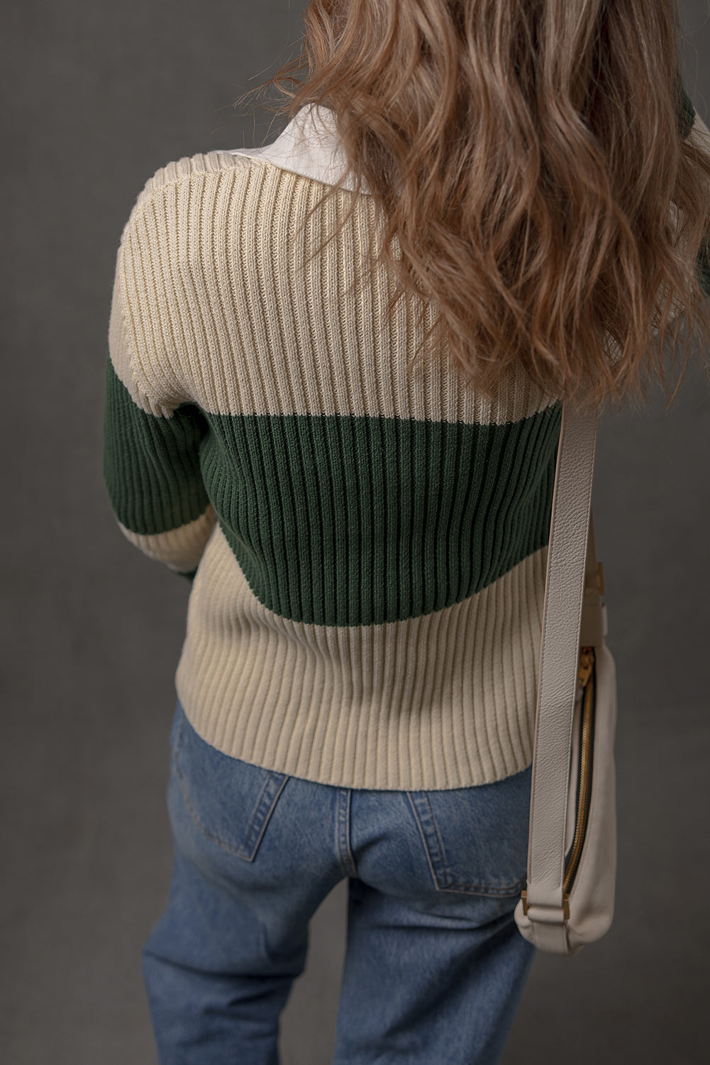 Blackish Green Ribbed Color Block Knit Shirt Collar Patchwork Slim Sweater