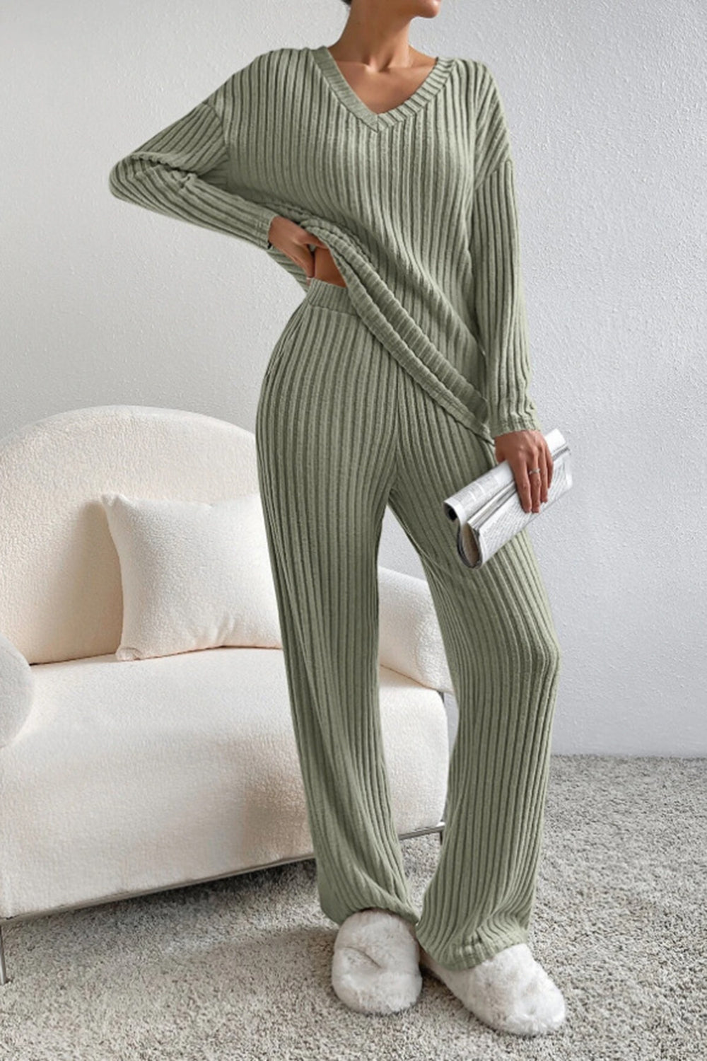 Women's Ribbed V-Neck Top and Pants Loungewear Set - Comfortable & Stylish