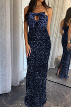Bluing Satin Bow Decor Sequin Strapless Long Party Dress