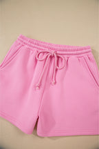 Strawberry Pink Color Block Pullover and Lace-up Elastic Waist Shorts Set