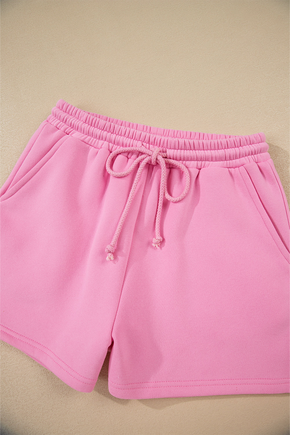 Strawberry Pink Color Block Pullover and Lace-up Elastic Waist Shorts Set