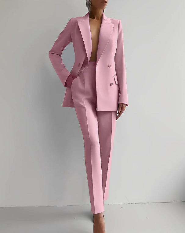 Chic Solid Color Blazer & High Waist Pants Set - Versatile Commuting & Business Attire