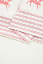 Pink Bow Christmas Tree Print Contrast Striped Banding 2pcs Lounge Set
