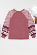 Mineral Red Contrast Print Striped Raglan Long Sleeve Loose Top