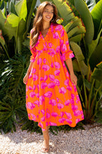 Orange Floral Print Frilly Smocked V Neck 3/4 Sleeve Long Dress