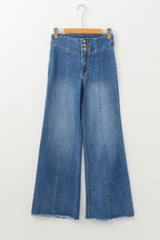 Sail Blue High Waist Button Fly Seamed Raw Hem Flare Jeans