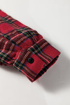 Red Plaid Shirt Collar Half Button Ruffle Hem Long Sleeve Mini Dress