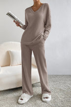 Women's Ribbed V-Neck Top and Pants Loungewear Set - Comfortable & Stylish