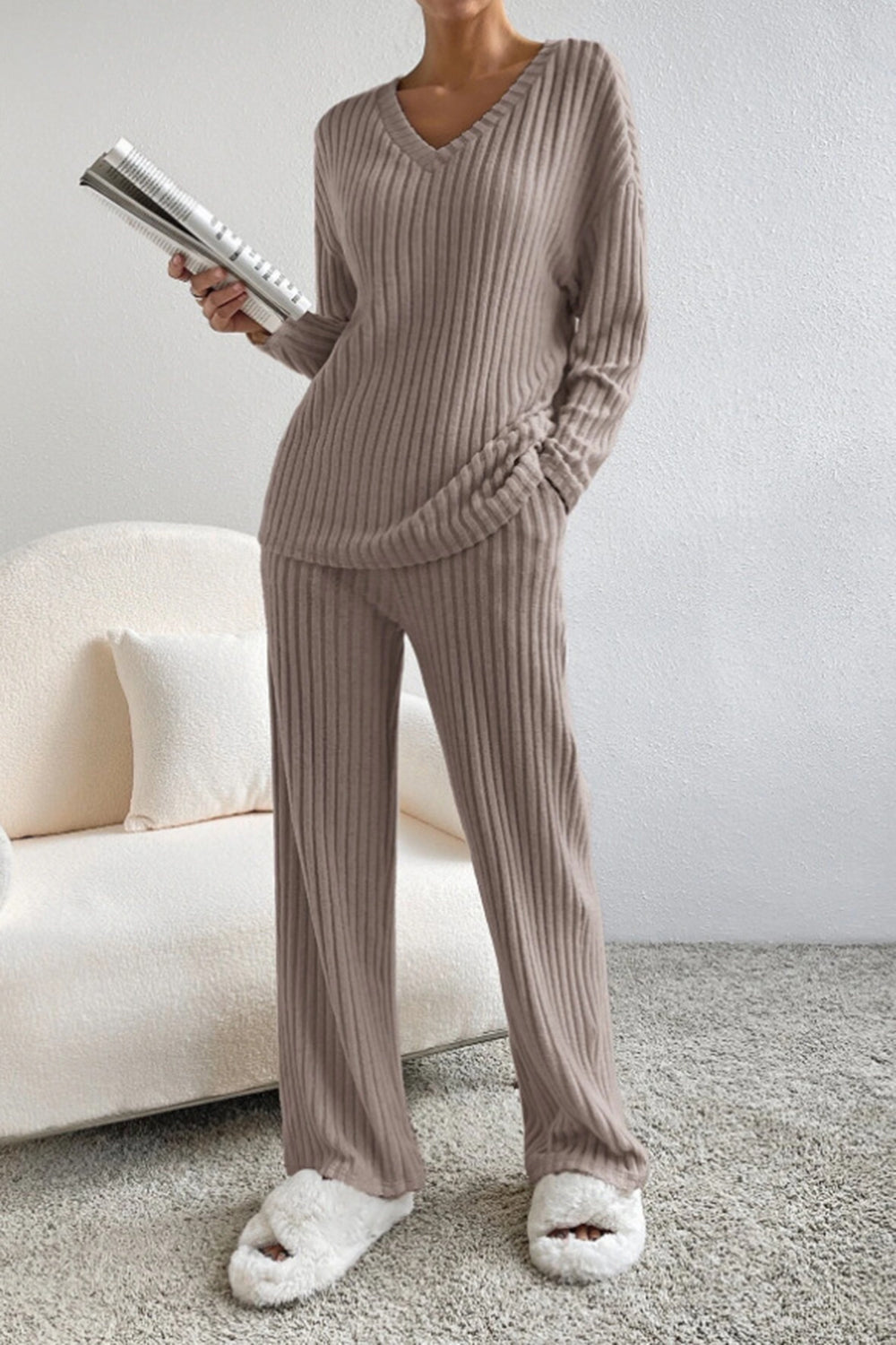 Women's Ribbed V-Neck Top and Pants Loungewear Set - Comfortable & Stylish