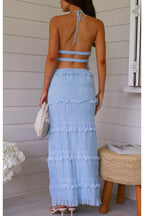 Elegant Sleeveless Chiffon Two-Piece Suit with Elastic Waist and Long Skirt