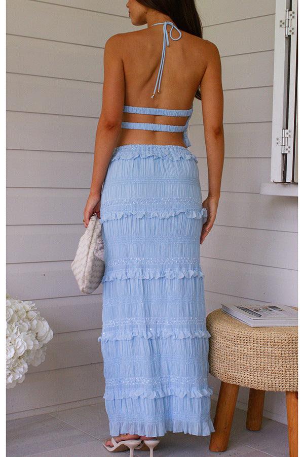 Elegant Sleeveless Chiffon Two-Piece Suit with Elastic Waist and Long Skirt