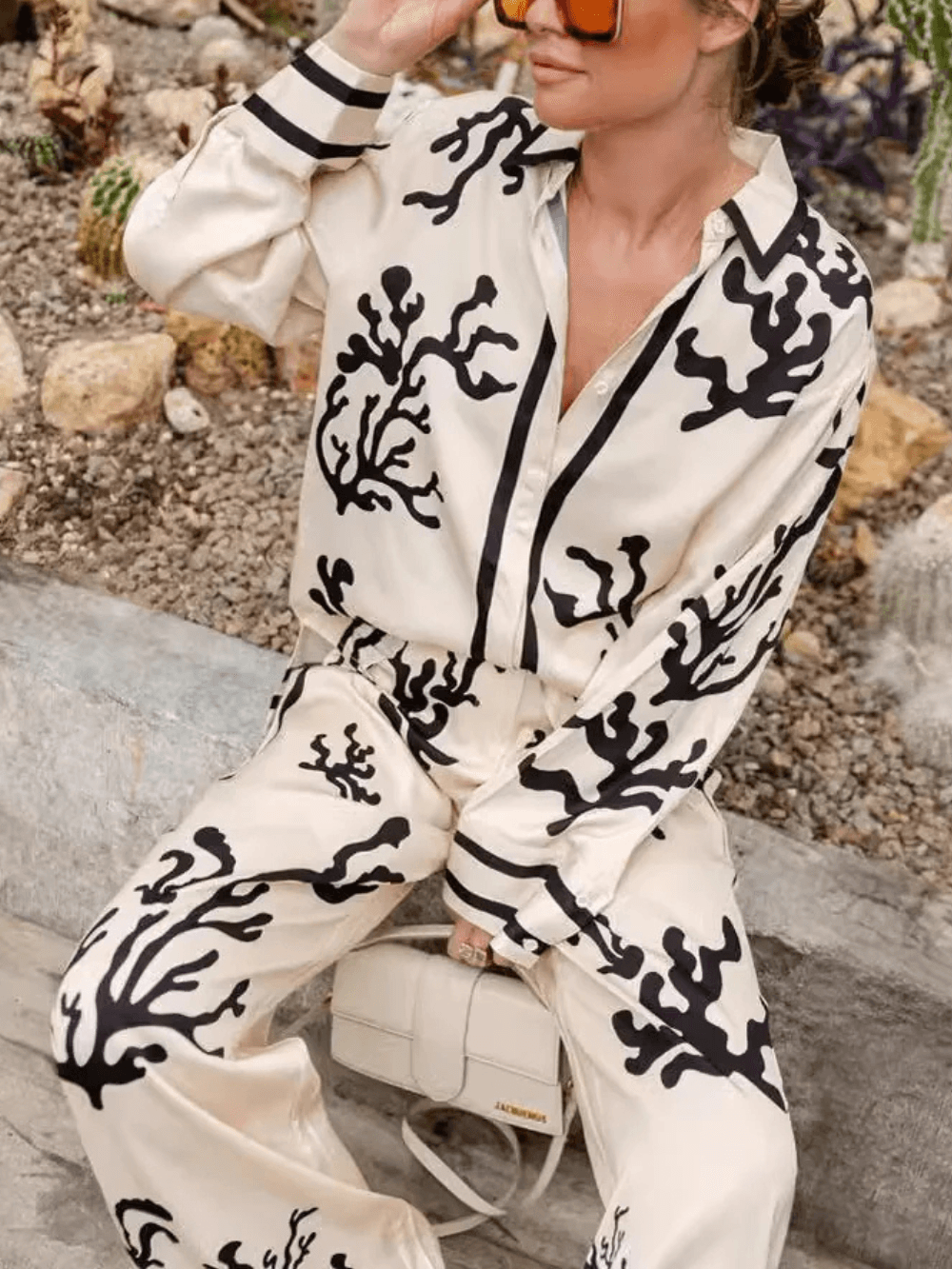 Chic Satin Casual Two Piece Set - Loose Fit, Collared Long Sleeve Top & High Rise Pants