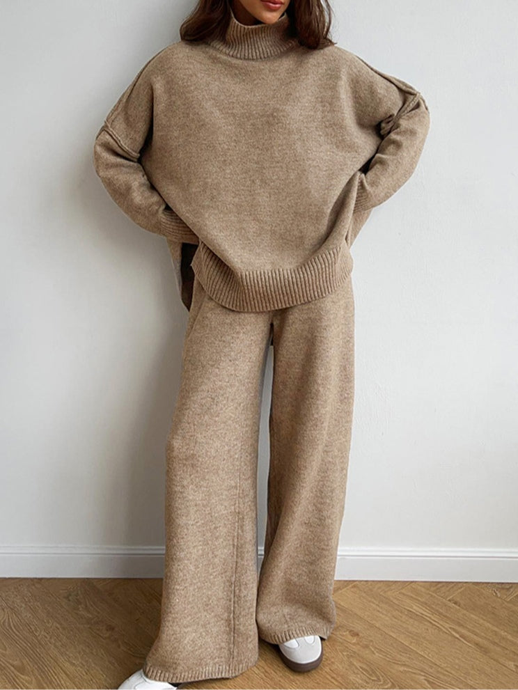 Women's High-Neck Loose Thick Knit Sweater and Pants Set - Cozy & Stylish