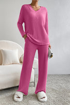 Women's Ribbed V-Neck Top and Pants Loungewear Set - Comfortable & Stylish