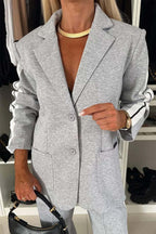 Chic Contrast Lapel Collar Buttoned Top and Pocketed Pants Two-Piece Set - 100% Polyester