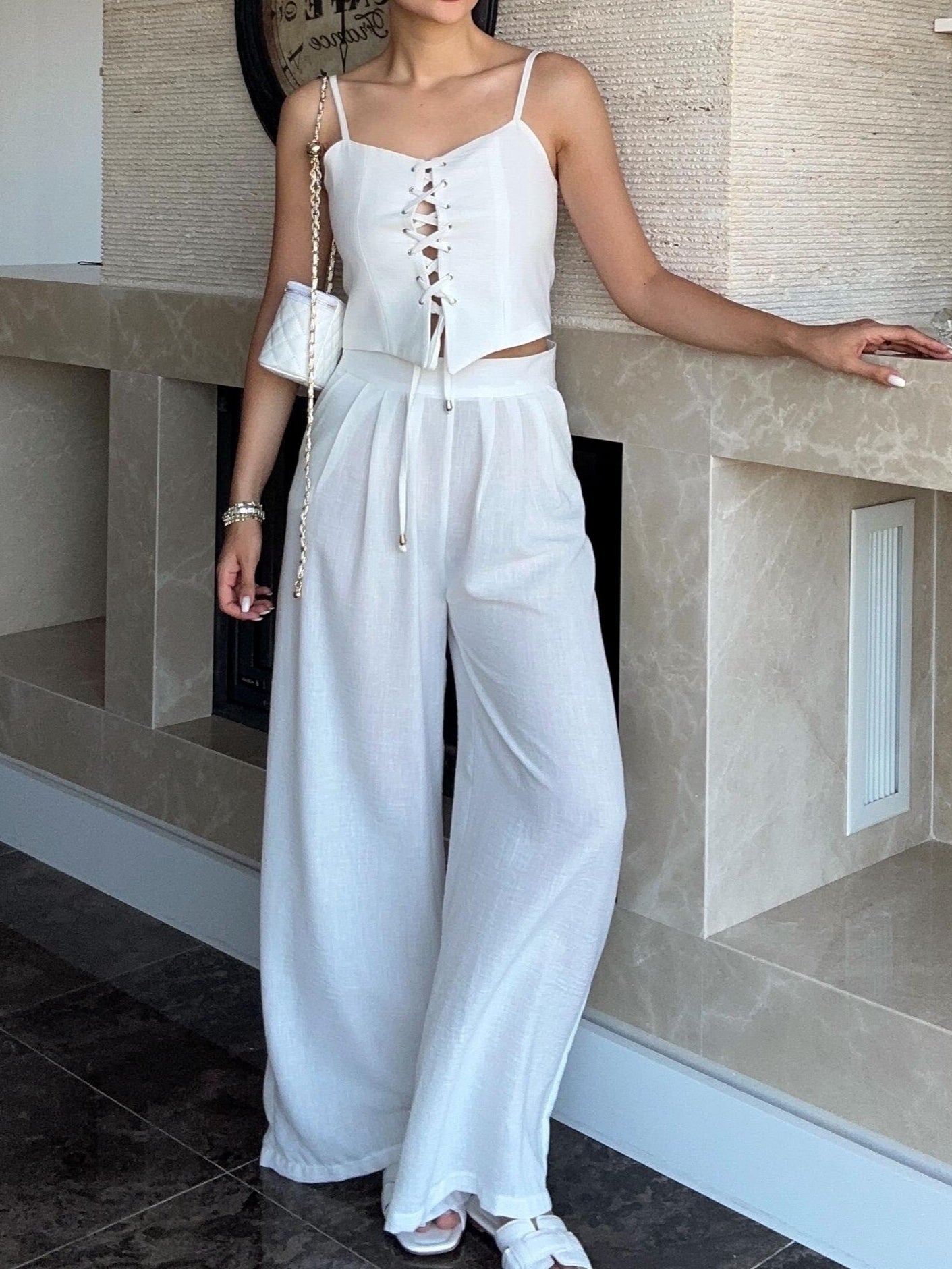 Linen Blend Camisole Two-Piece Set with Tie Front Detail - Casual & Loose Fit