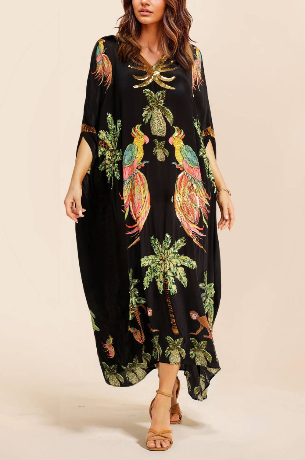 Unique Drop Shoulder Sleeve Dress with Vibrant Coconut Tree Print - Perfect for Tropical Vacations
