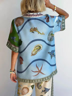 Elegant Deep Sea Floral Print Loose Shirt and Matching Pants Set - Versatile Beach Cover-up and Casual Wear