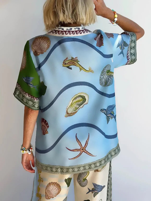 Elegant Deep Sea Floral Print Loose Shirt and Matching Pants Set - Versatile Beach Cover-up and Casual Wear