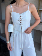 Linen Blend Camisole Two-Piece Set with Tie Front Detail - Casual & Loose Fit