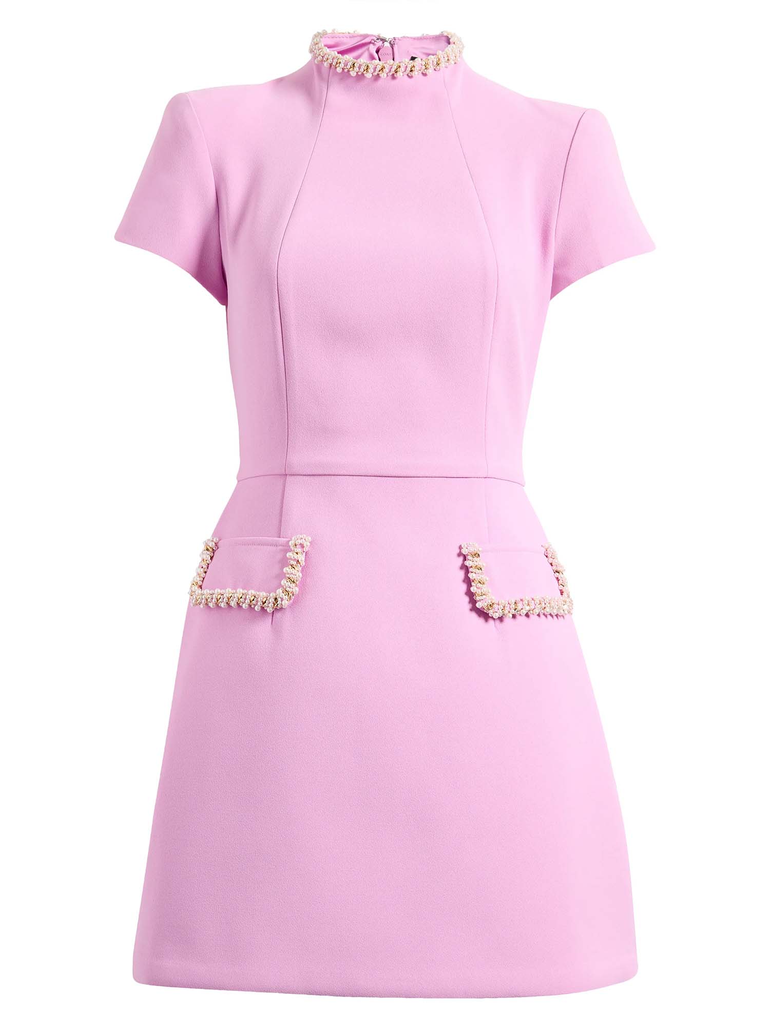 Pink Exquisite & Playful Pearl Trim Pocket Mini Dress - Chic Short Sleeve Party Wear