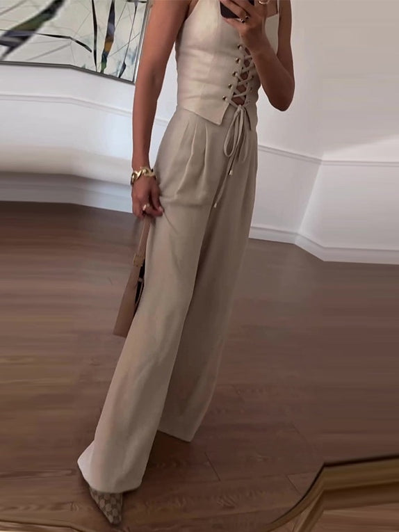 Linen Blend Camisole Two-Piece Set with Tie Front Detail - Casual & Loose Fit