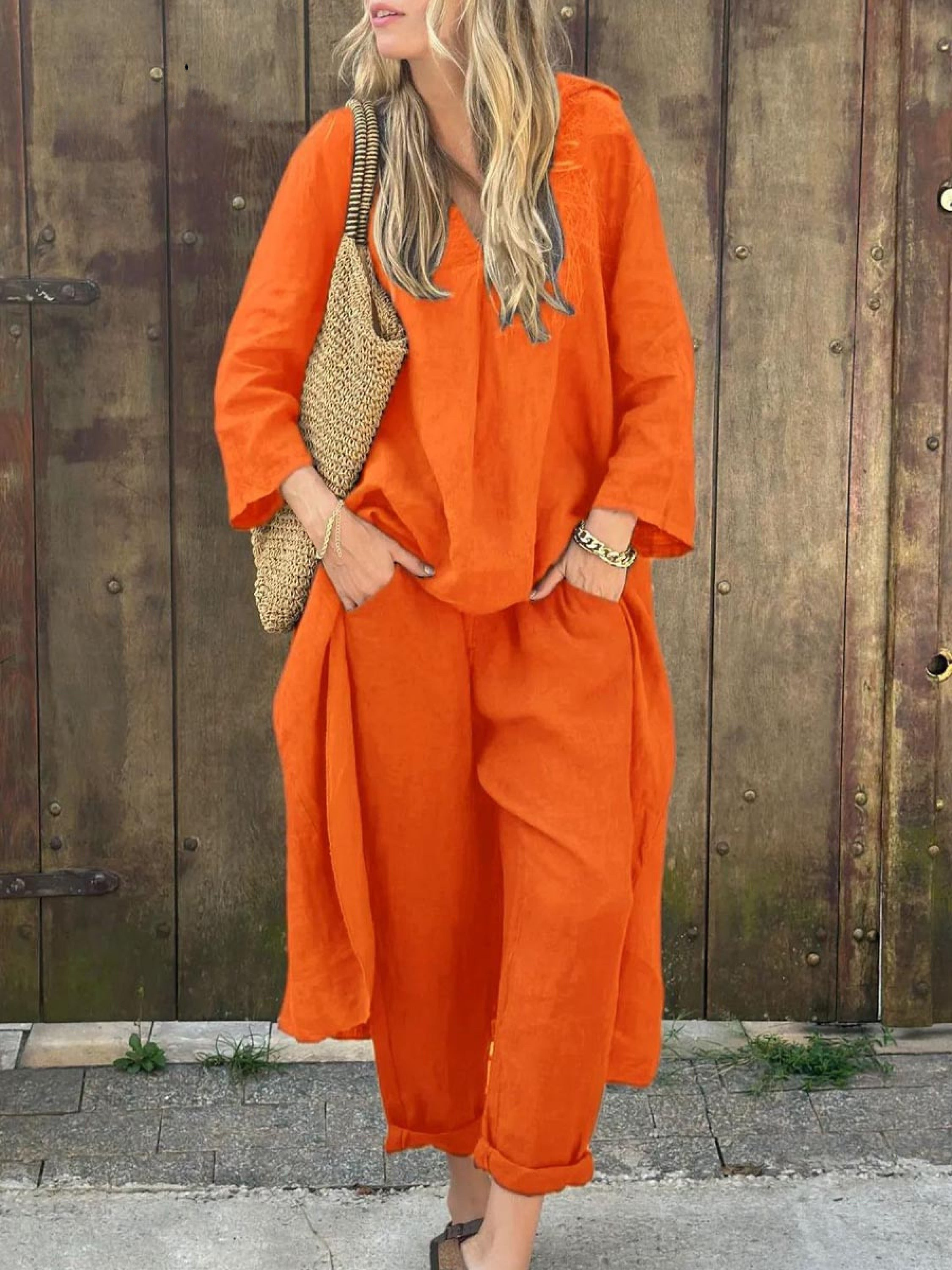 Women's Linen Blend V-Neck Long Sleeve Loose Top & High-Waisted Wide-Leg Pants Set - Perfect for Spring Casual Wear