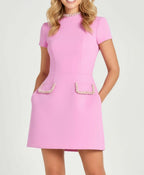 Pink Exquisite & Playful Pearl Trim Pocket Mini Dress - Chic Short Sleeve Party Wear