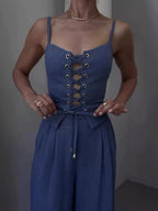 Linen Blend Camisole Two-Piece Set with Tie Front Detail - Casual & Loose Fit