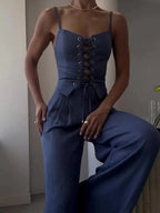Linen Blend Camisole Two-Piece Set with Tie Front Detail - Casual & Loose Fit