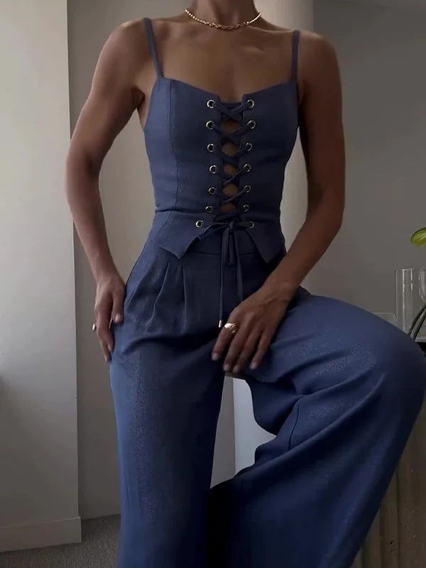 Linen Blend Camisole Two-Piece Set with Tie Front Detail - Casual & Loose Fit