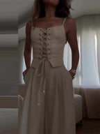 Linen Blend Camisole Two-Piece Set with Tie Front Detail - Casual & Loose Fit