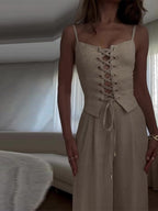 Linen Blend Camisole Two-Piece Set with Tie Front Detail - Casual & Loose Fit