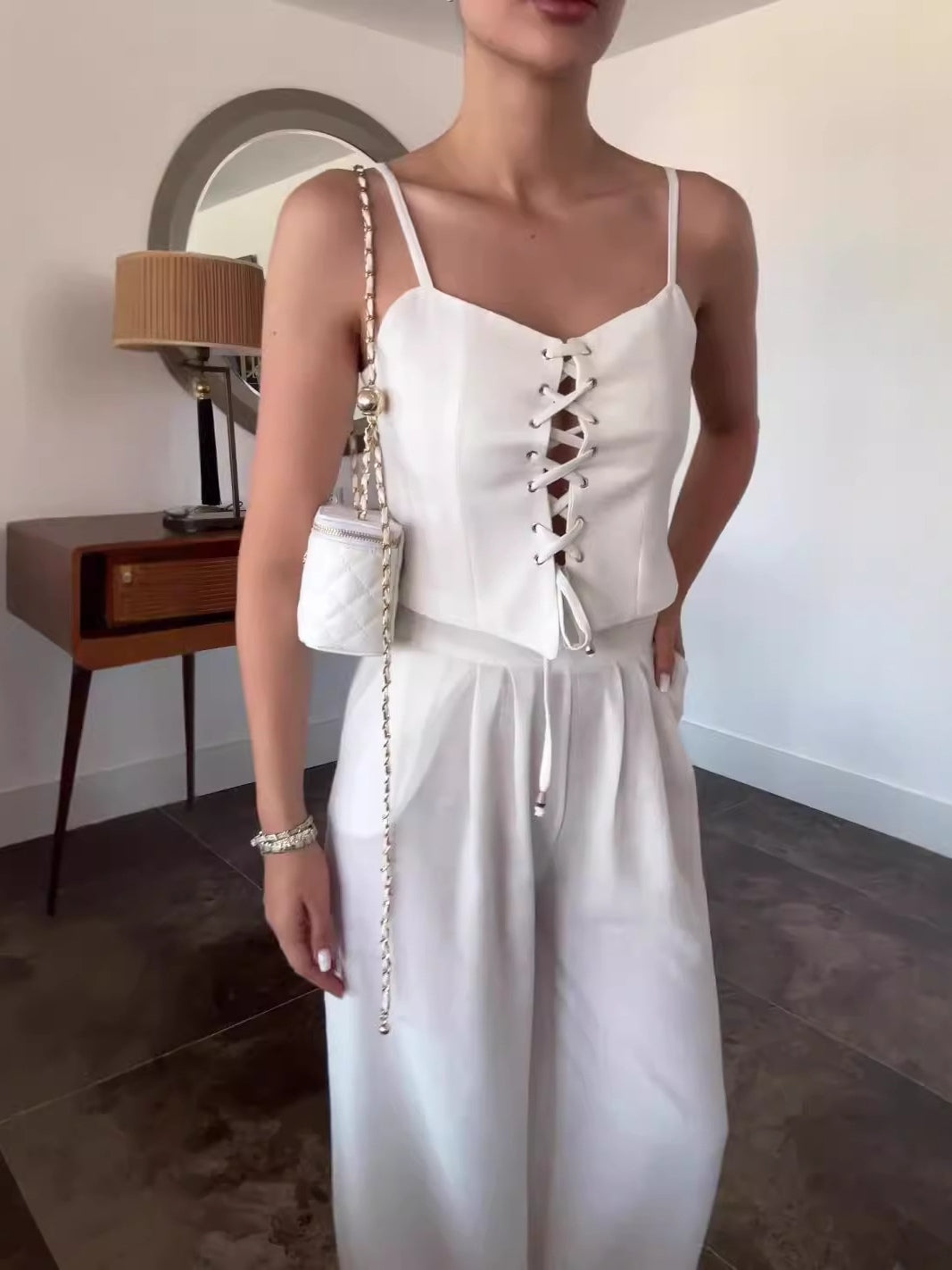 Linen Blend Camisole Two-Piece Set with Tie Front Detail - Casual & Loose Fit