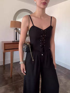 Linen Blend Camisole Two-Piece Set with Tie Front Detail - Casual & Loose Fit