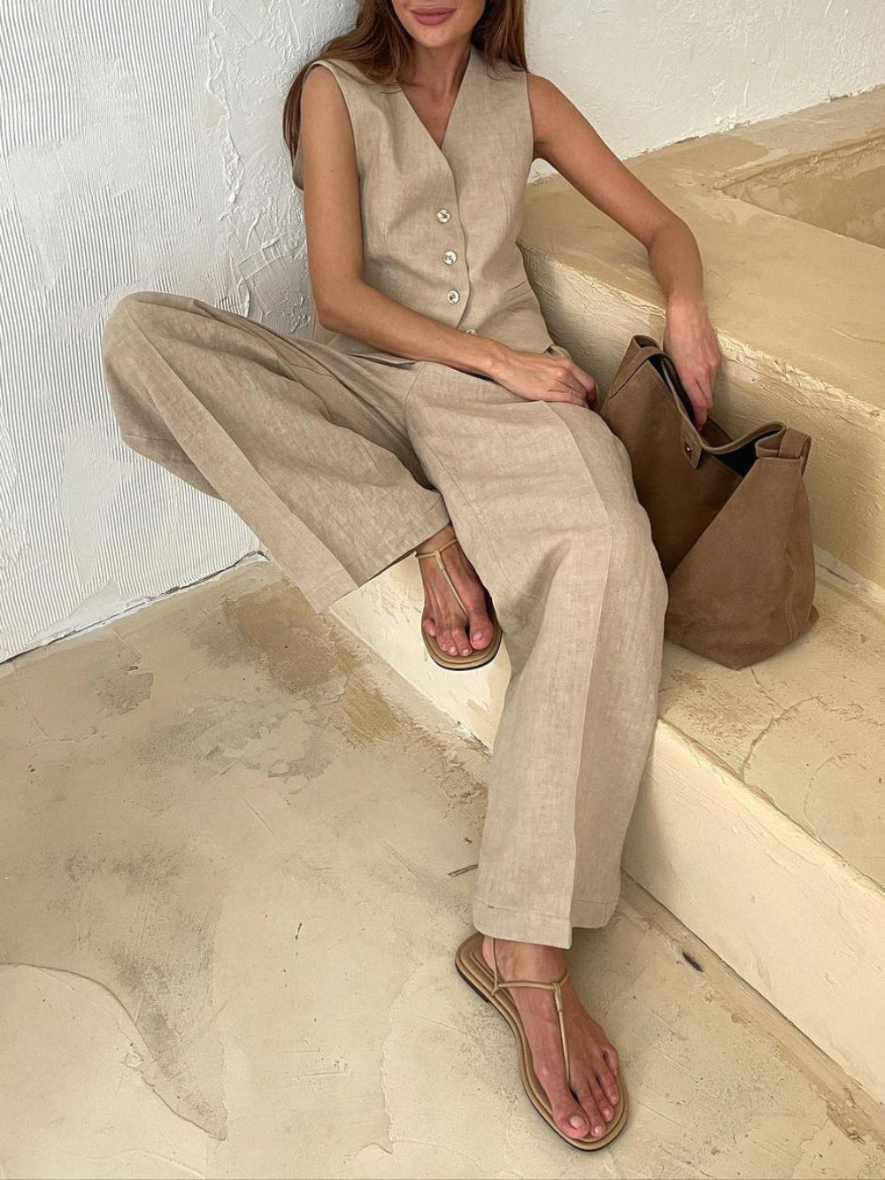 Women's Elegant V-Neck Pleated Cotton and Linen Wide-Leg Pants Suit - Sleeveless, Breathable, Casual Chic Set