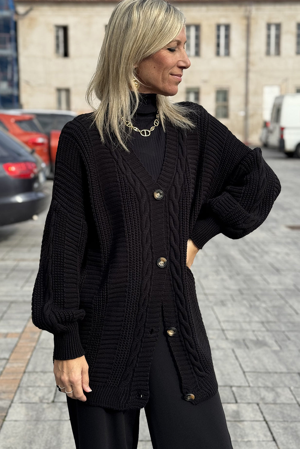 Black Cable Knit Button V Neck Oversize Sweater Cardigan