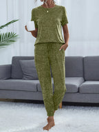 Round Neck Short Sleeve Top and Pants Lounge Set